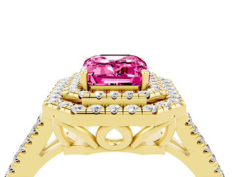 Yellow gold Emerald Cut Pink Sapphire Double Halo Ring with Pavé Band and Prong Setting_16