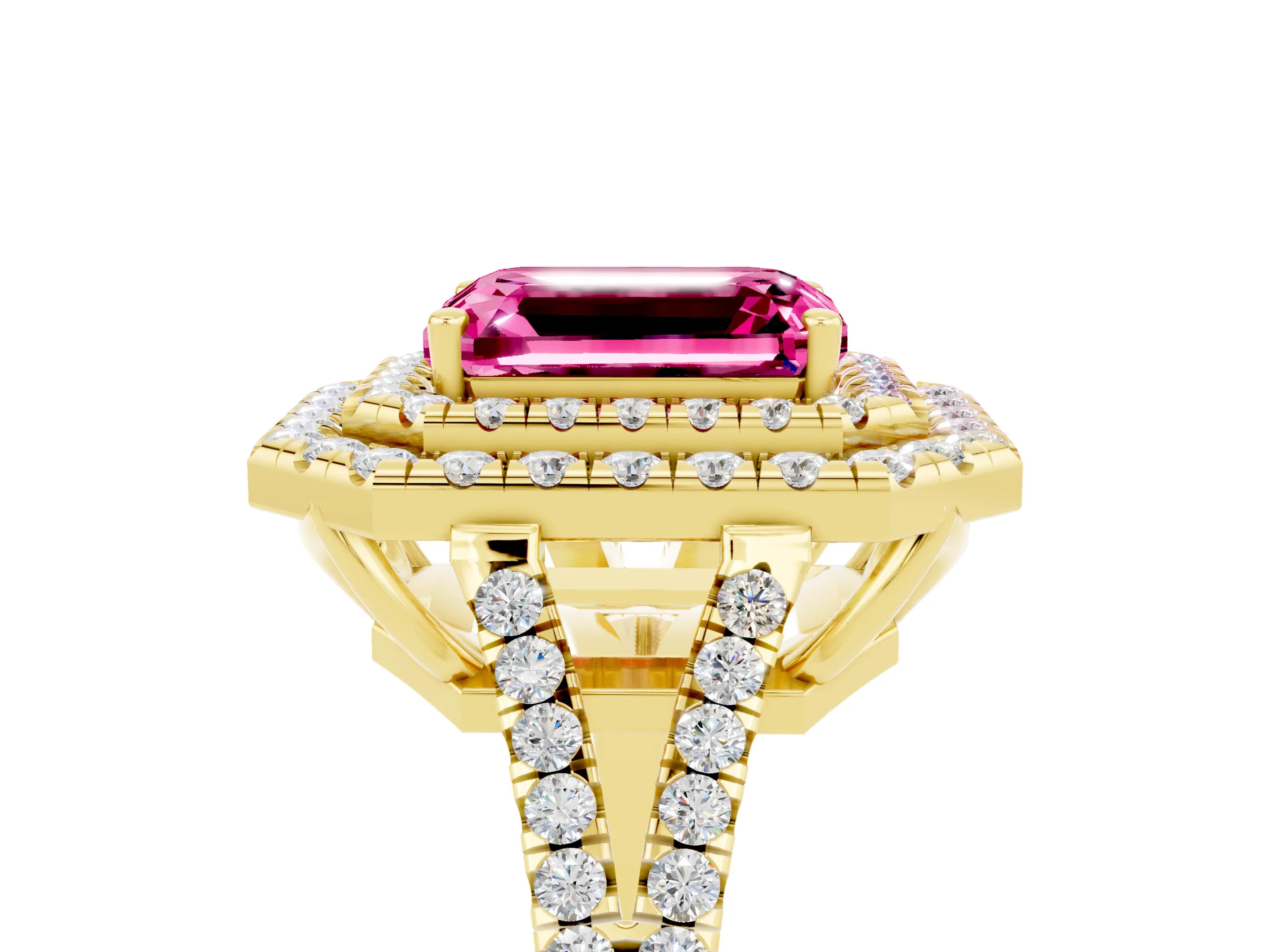 Yellow gold Emerald Cut Pink Sapphire Double Halo Ring with Pavé Band and Prong Setting_17
