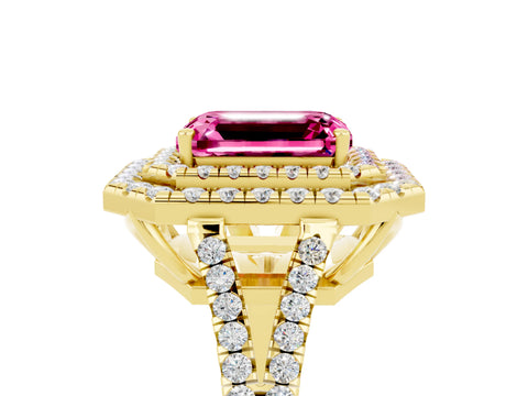Yellow gold Emerald Cut Pink Sapphire Double Halo Ring with Pavé Band and Prong Setting_17