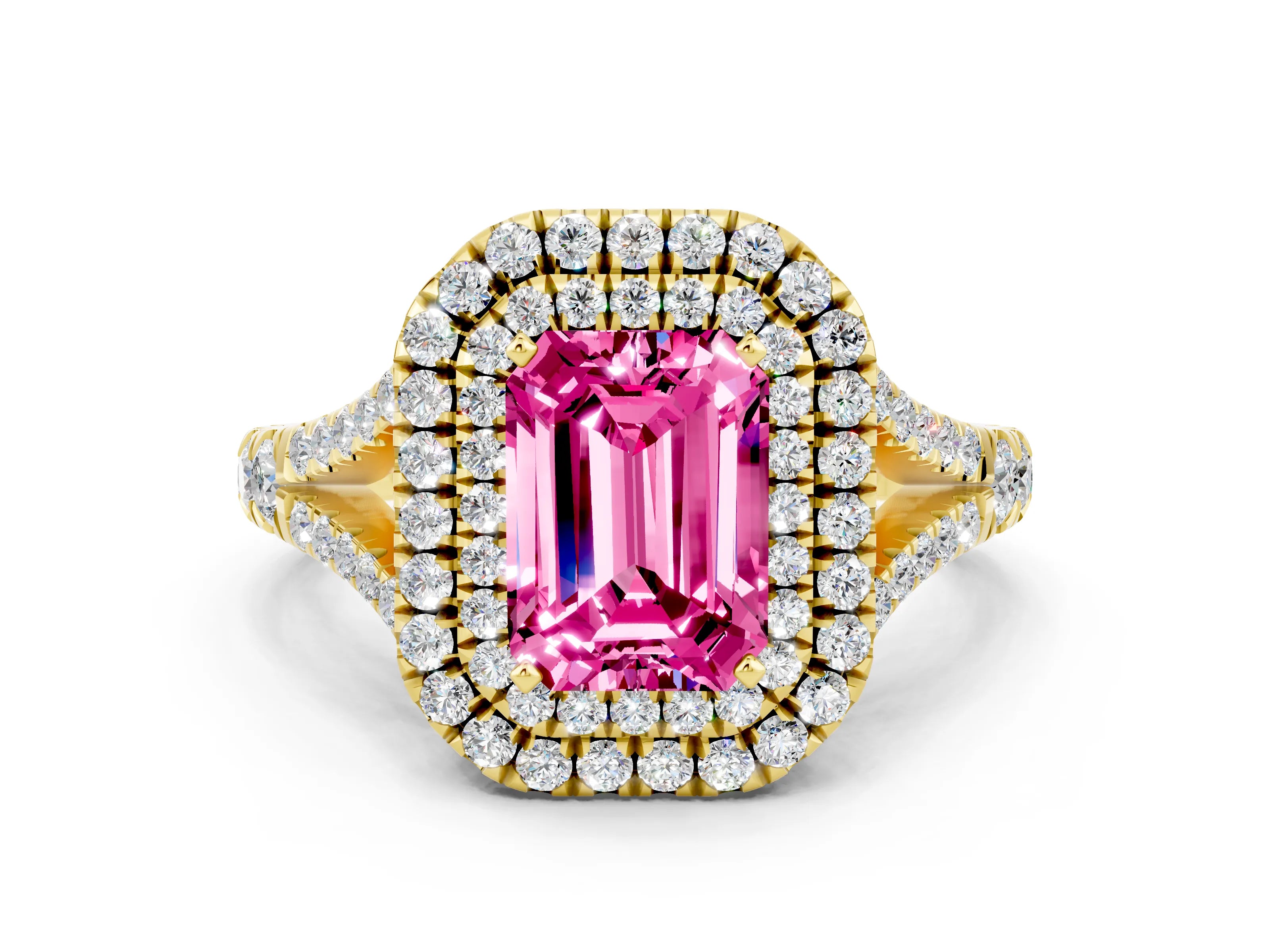 Yellow gold Emerald Cut Pink Sapphire Double Halo Ring with Split Shank and Prong Setting_12
