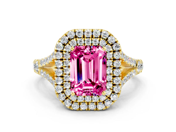 Yellow gold Emerald Cut Pink Sapphire Double Halo Ring with Split Shank and Prong Setting
