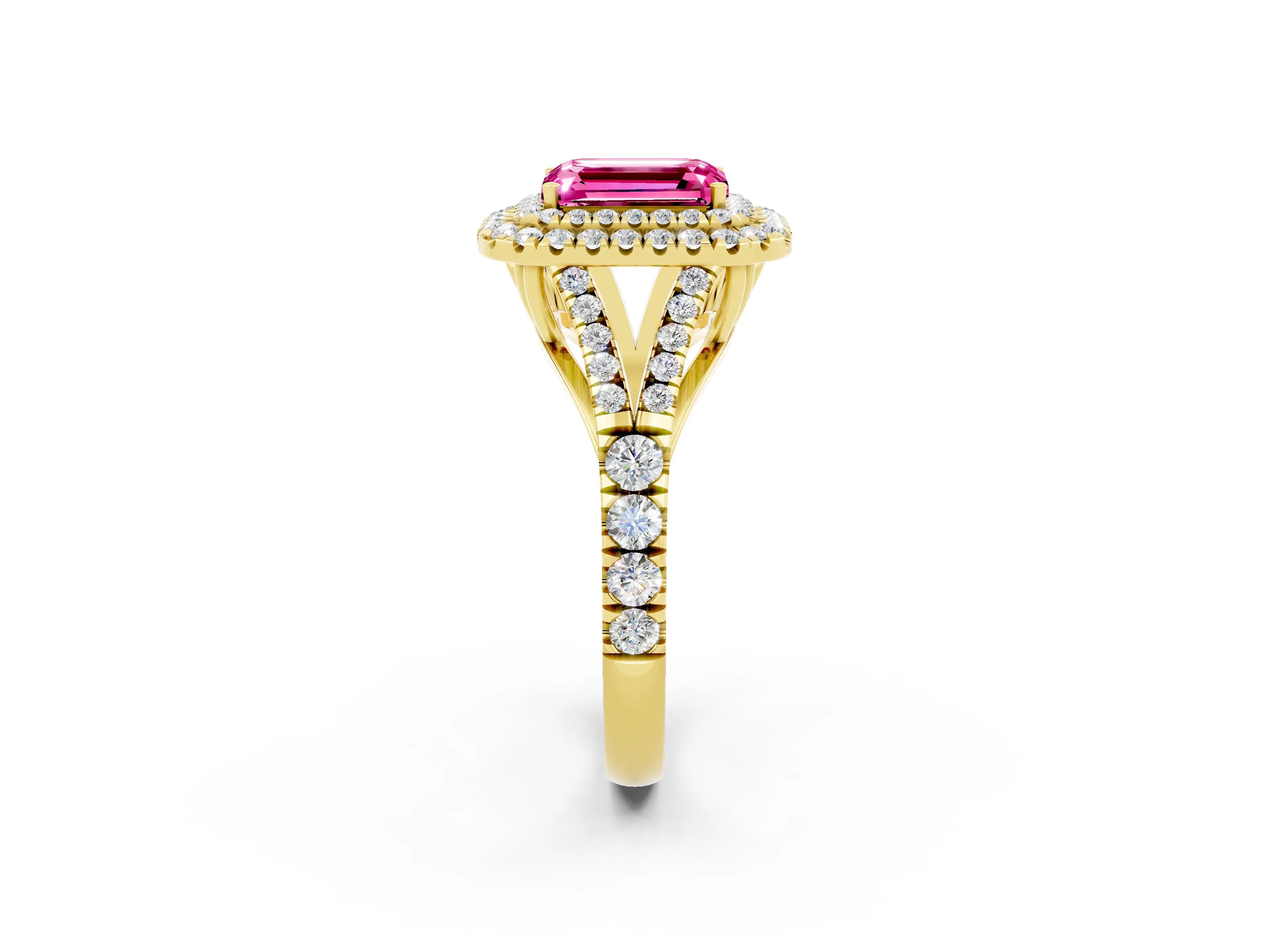 Yellow gold Emerald Cut Pink Sapphire Double Halo Ring with Split Shank and Prong Setting_14