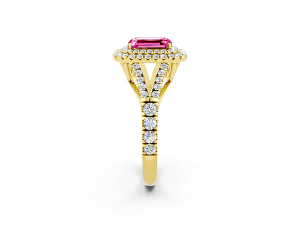 Yellow gold Emerald Cut Pink Sapphire Double Halo Ring with Split Shank and Prong Setting