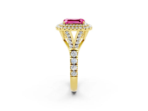 Yellow gold Emerald Cut Pink Sapphire Double Halo Ring with Split Shank and Prong Setting_14