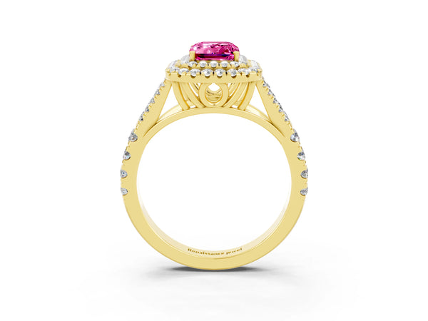 Yellow gold Emerald Cut Pink Sapphire Double Halo Ring with Split Shank and Prong Setting