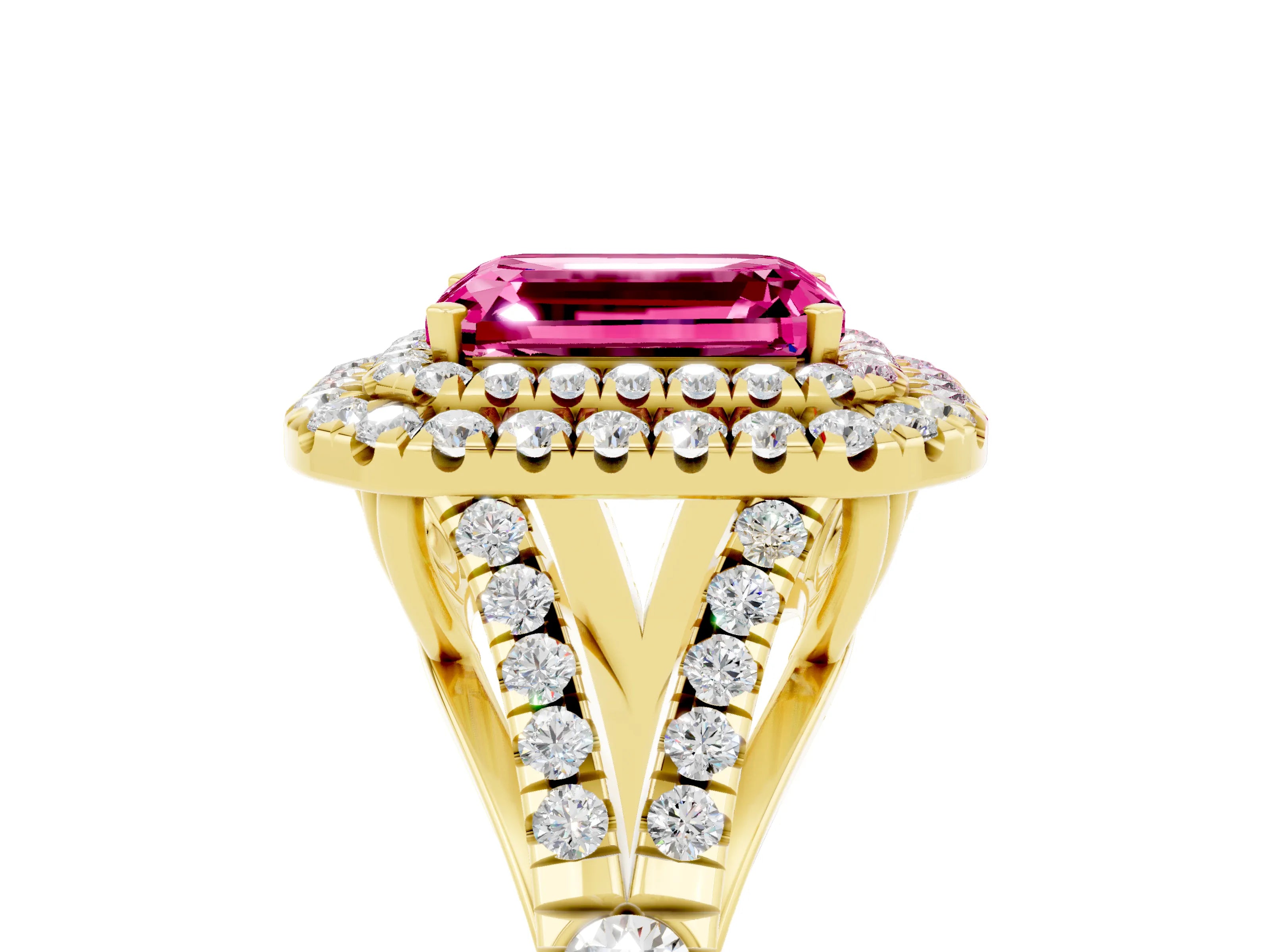 Yellow gold Emerald Cut Pink Sapphire Double Halo Ring with Split Shank and Prong Setting_17