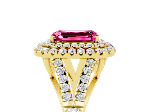 Yellow gold Emerald Cut Pink Sapphire Double Halo Ring with Split Shank and Prong Setting_17