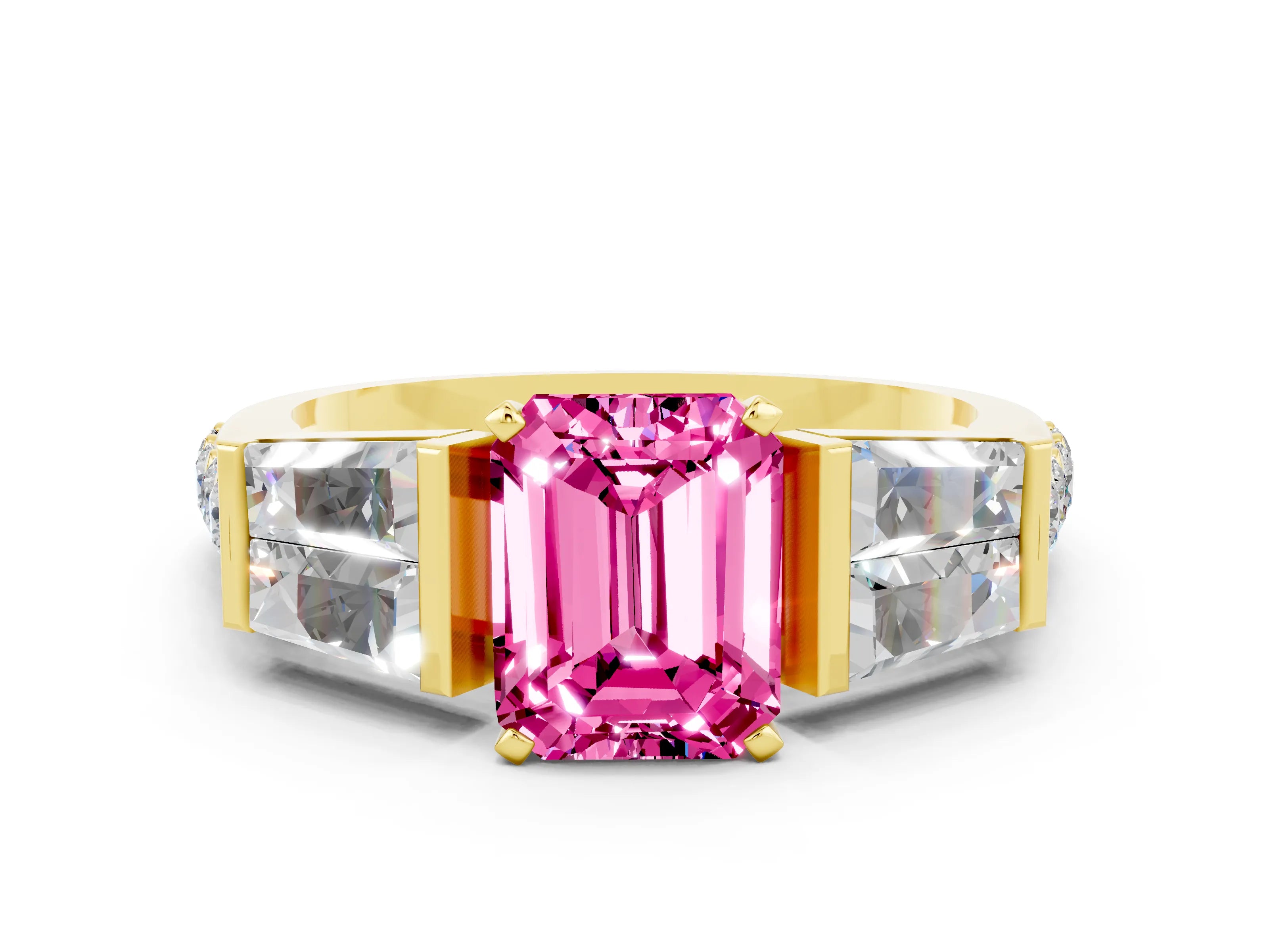 Yellow gold Emerald Cut Pink Sapphire Engagement Ring with Baguette Side Stones and Channel Set Band