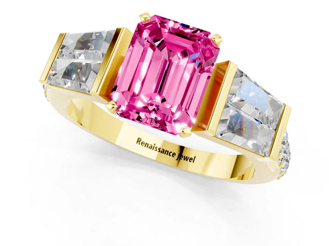 Yellow gold Emerald Cut Pink Sapphire Engagement Ring with Baguette Side Stones and Channel Set Band_1