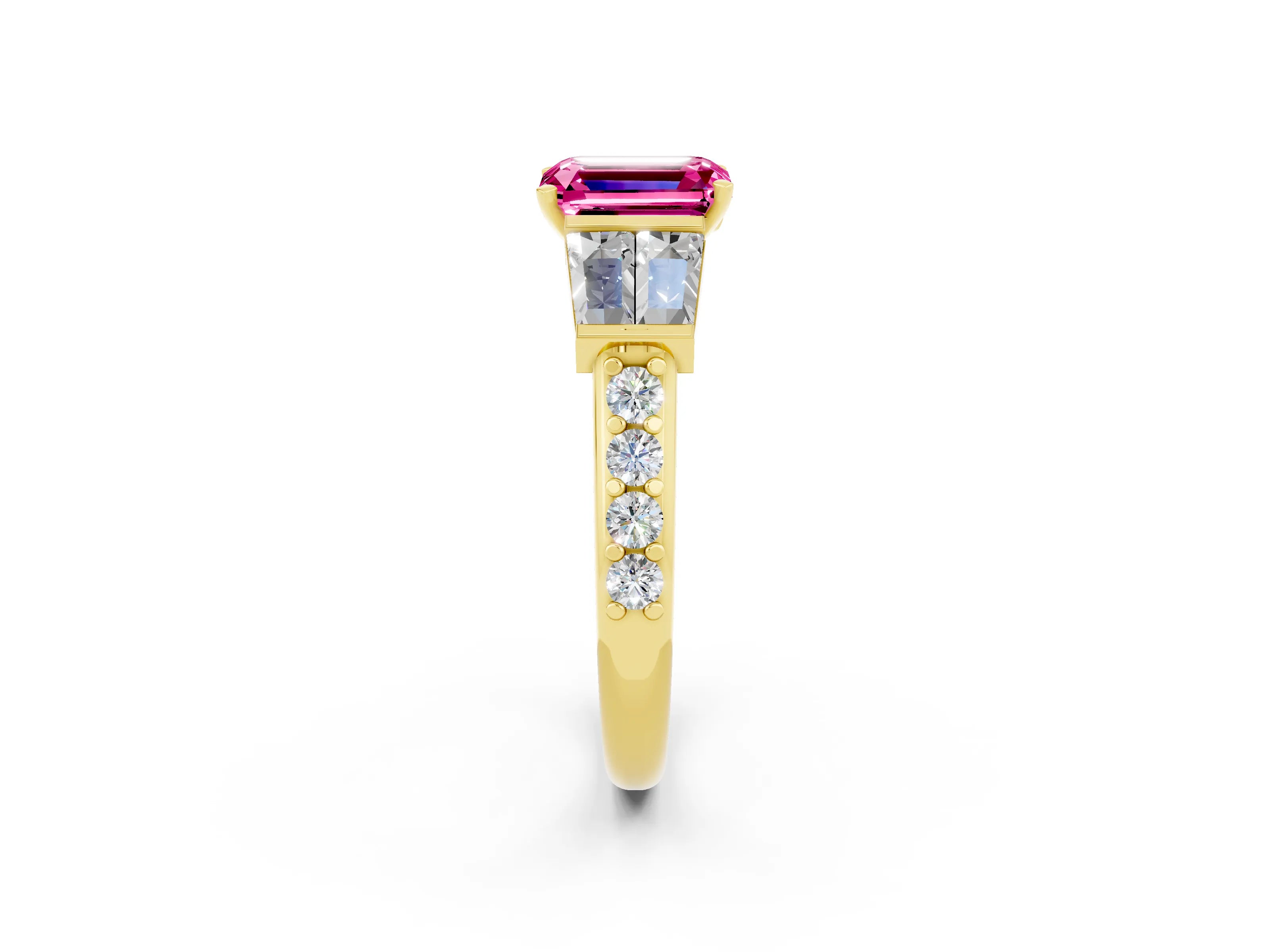 Yellow gold Emerald Cut Pink Sapphire Engagement Ring with Baguette Side Stones and Channel Set Band_2