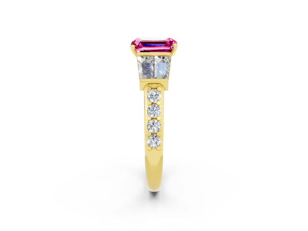 Yellow gold Emerald Cut Pink Sapphire Engagement Ring with Baguette Side Stones and Channel Set Band