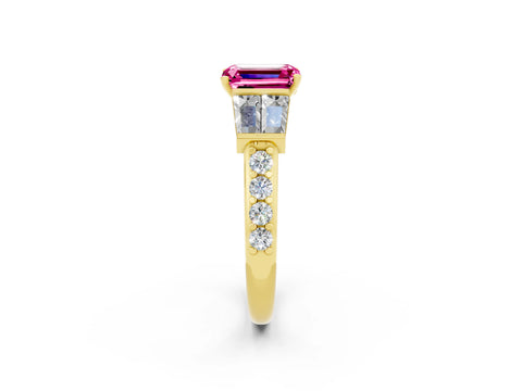 Yellow gold Emerald Cut Pink Sapphire Engagement Ring with Baguette Side Stones and Channel Set Band_2