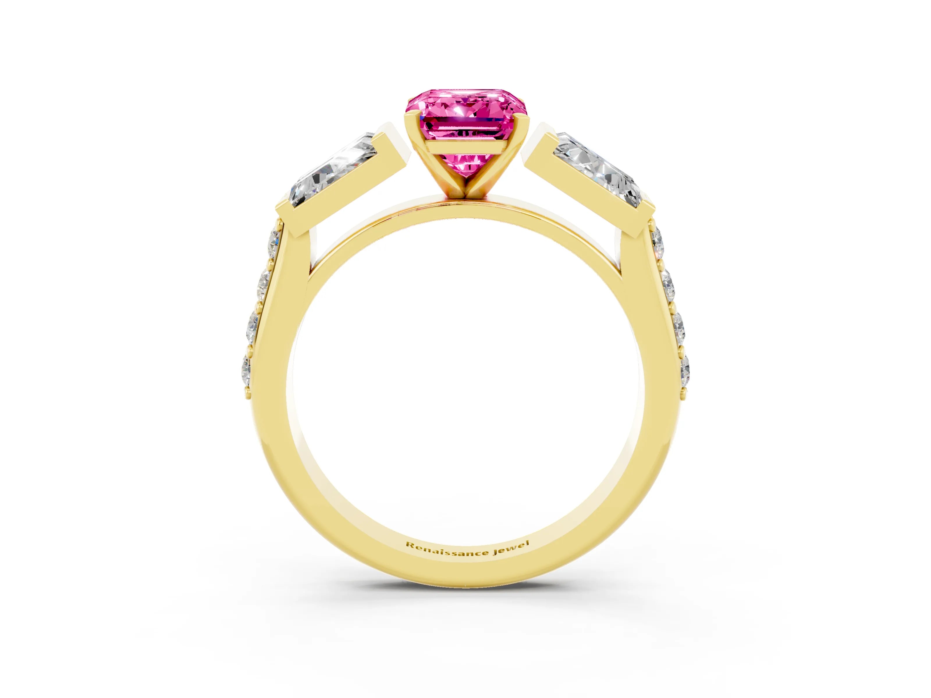 Yellow gold Emerald Cut Pink Sapphire Engagement Ring with Baguette Side Stones and Channel Set Band_3