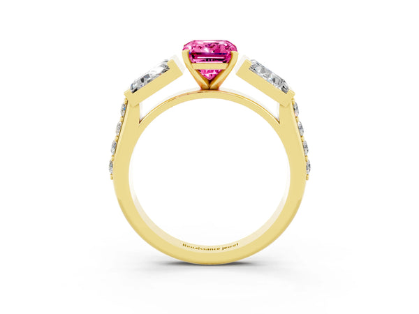 Yellow gold Emerald Cut Pink Sapphire Engagement Ring with Baguette Side Stones and Channel Set Band