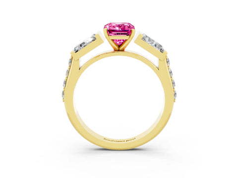 Yellow gold Emerald Cut Pink Sapphire Engagement Ring with Baguette Side Stones and Channel Set Band_3