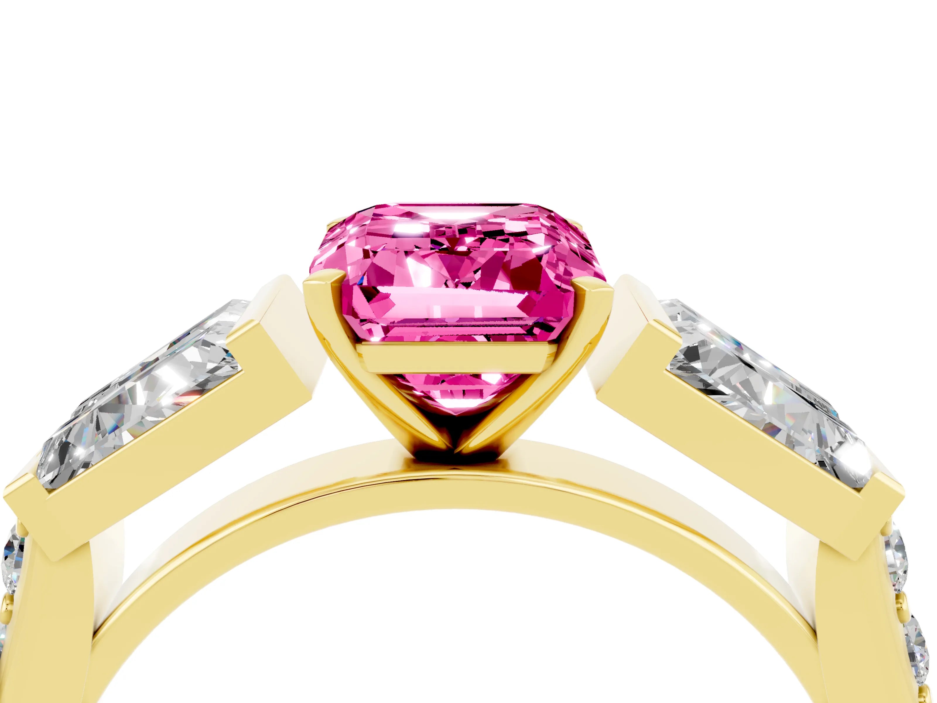 Yellow gold Emerald Cut Pink Sapphire Engagement Ring with Baguette Side Stones and Channel Set Band_4