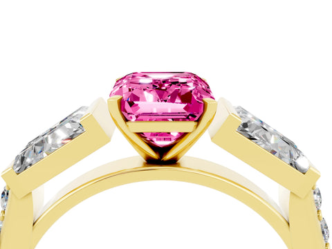 Yellow gold Emerald Cut Pink Sapphire Engagement Ring with Baguette Side Stones and Channel Set Band_4
