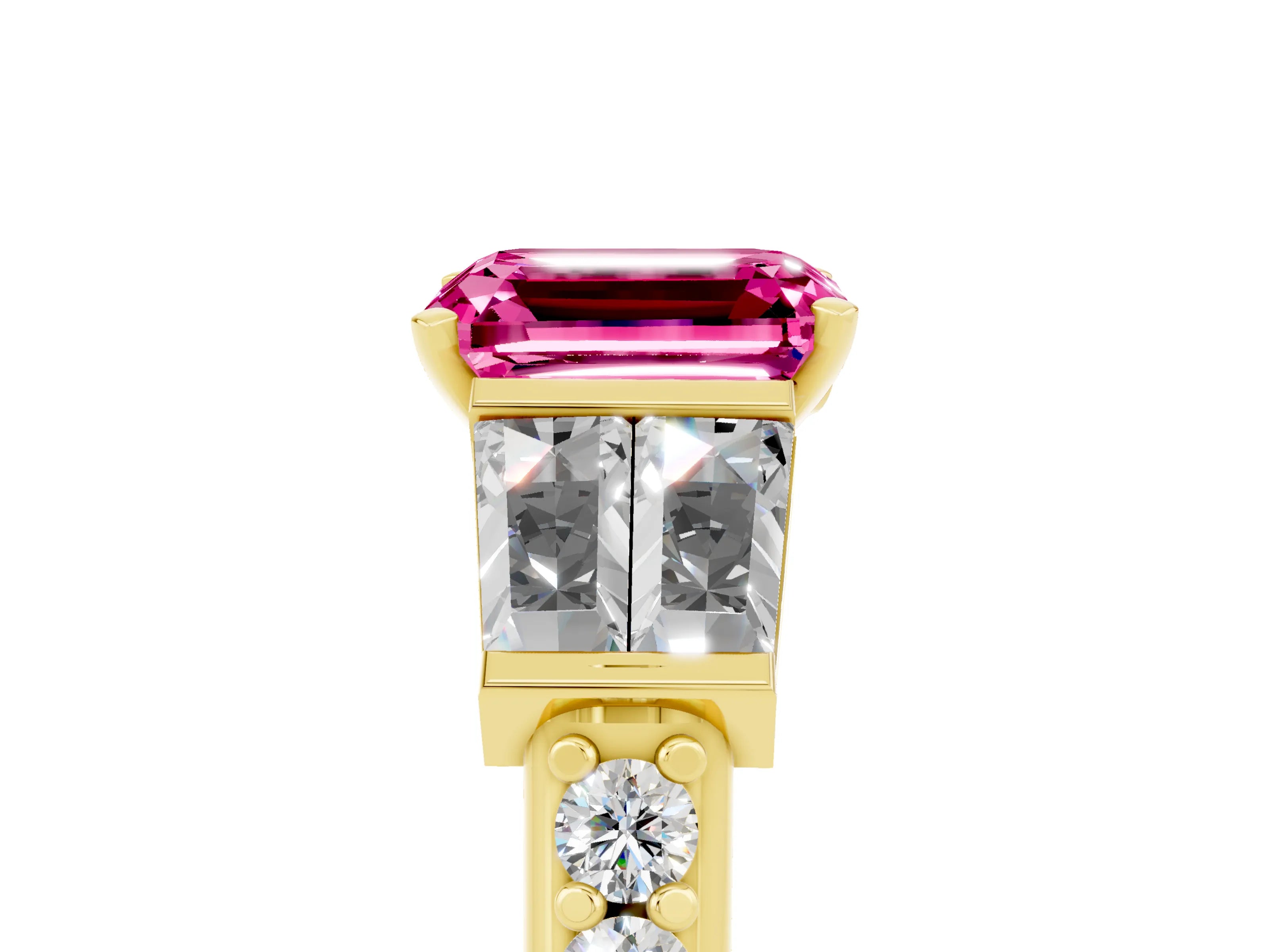 Yellow gold Emerald Cut Pink Sapphire Engagement Ring with Baguette Side Stones and Channel Set Band_5