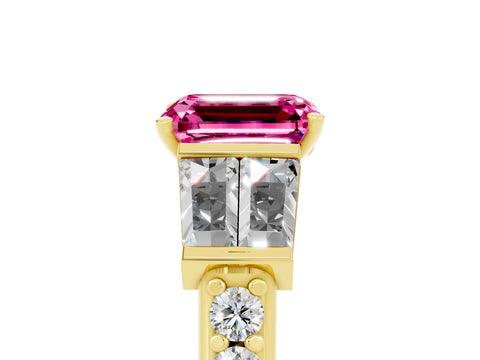 Yellow gold Emerald Cut Pink Sapphire Engagement Ring with Baguette Side Stones and Channel Set Band_5