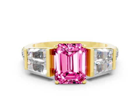 Yellow gold Emerald Cut Pink Sapphire Engagement Ring with Baguette Side Stones and Channel Set Band