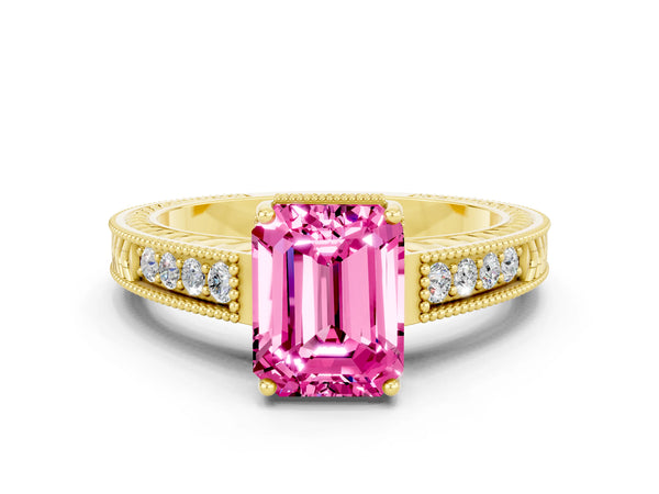 Yellow gold Emerald Cut Pink Sapphire Engagement Ring with Milgrain Channel Set Band and Prong Setting