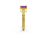 Yellow gold Emerald Cut Pink Sapphire Engagement Ring with Milgrain Channel Set Band and Prong Setting_26