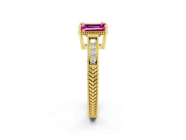 Yellow gold Emerald Cut Pink Sapphire Engagement Ring with Milgrain Channel Set Band and Prong Setting