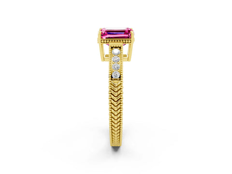 Yellow gold Emerald Cut Pink Sapphire Engagement Ring with Milgrain Channel Set Band and Prong Setting_26