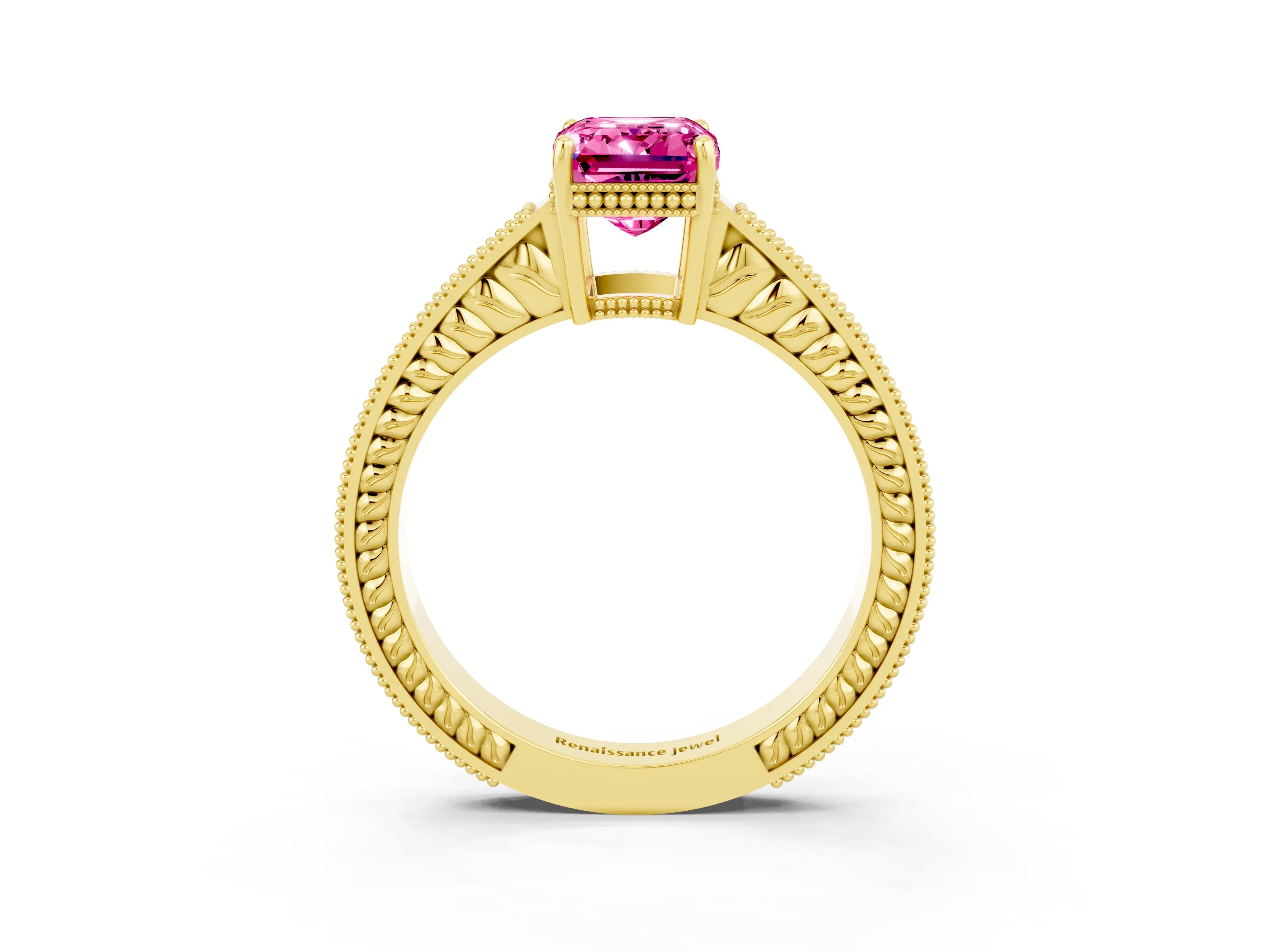 Yellow gold Emerald Cut Pink Sapphire Engagement Ring with Milgrain Channel Set Band and Prong Setting_27