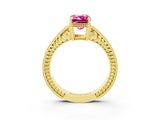 Yellow gold Emerald Cut Pink Sapphire Engagement Ring with Milgrain Channel Set Band and Prong Setting_27