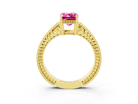 Yellow gold Emerald Cut Pink Sapphire Engagement Ring with Milgrain Channel Set Band and Prong Setting_27