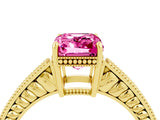 Yellow gold Emerald Cut Pink Sapphire Engagement Ring with Milgrain Channel Set Band and Prong Setting_28