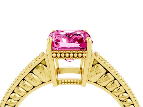 Yellow gold Emerald Cut Pink Sapphire Engagement Ring with Milgrain Channel Set Band and Prong Setting_28