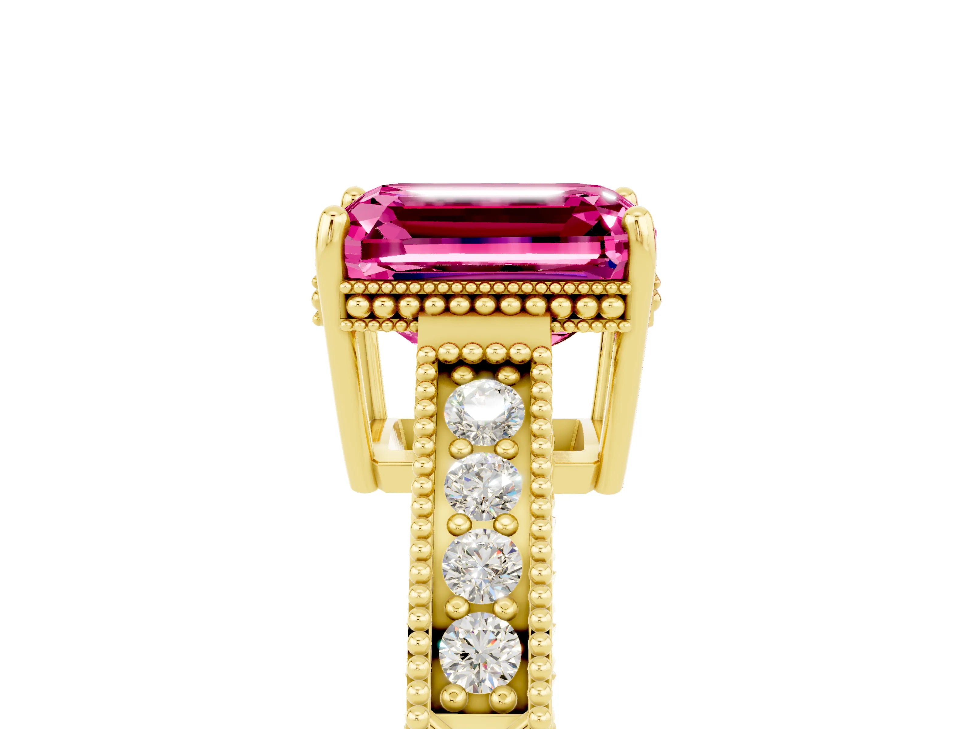 Yellow gold Emerald Cut Pink Sapphire Engagement Ring with Milgrain Channel Set Band and Prong Setting_29