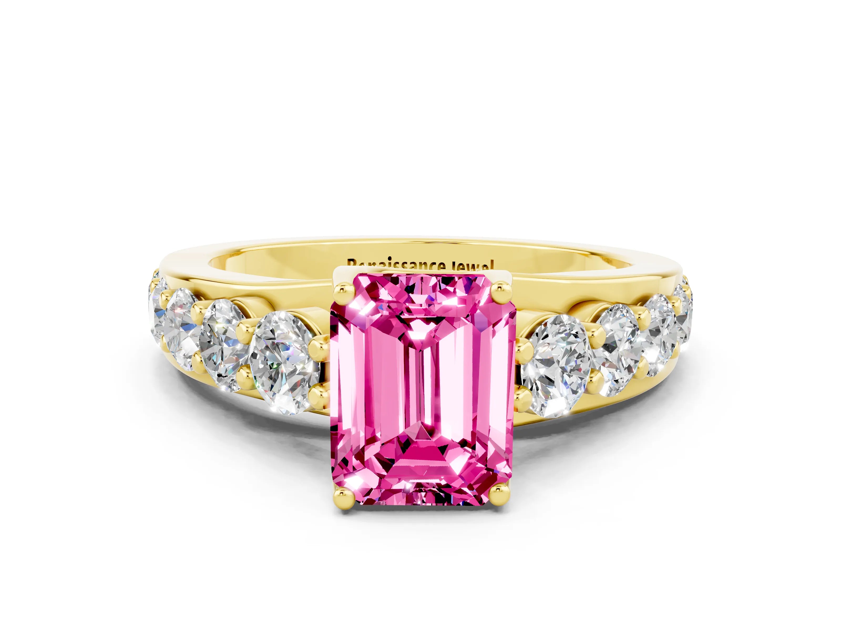 Yellow gold Emerald Cut Pink Sapphire Engagement Ring with Pavé Band and Four-Prong Setting