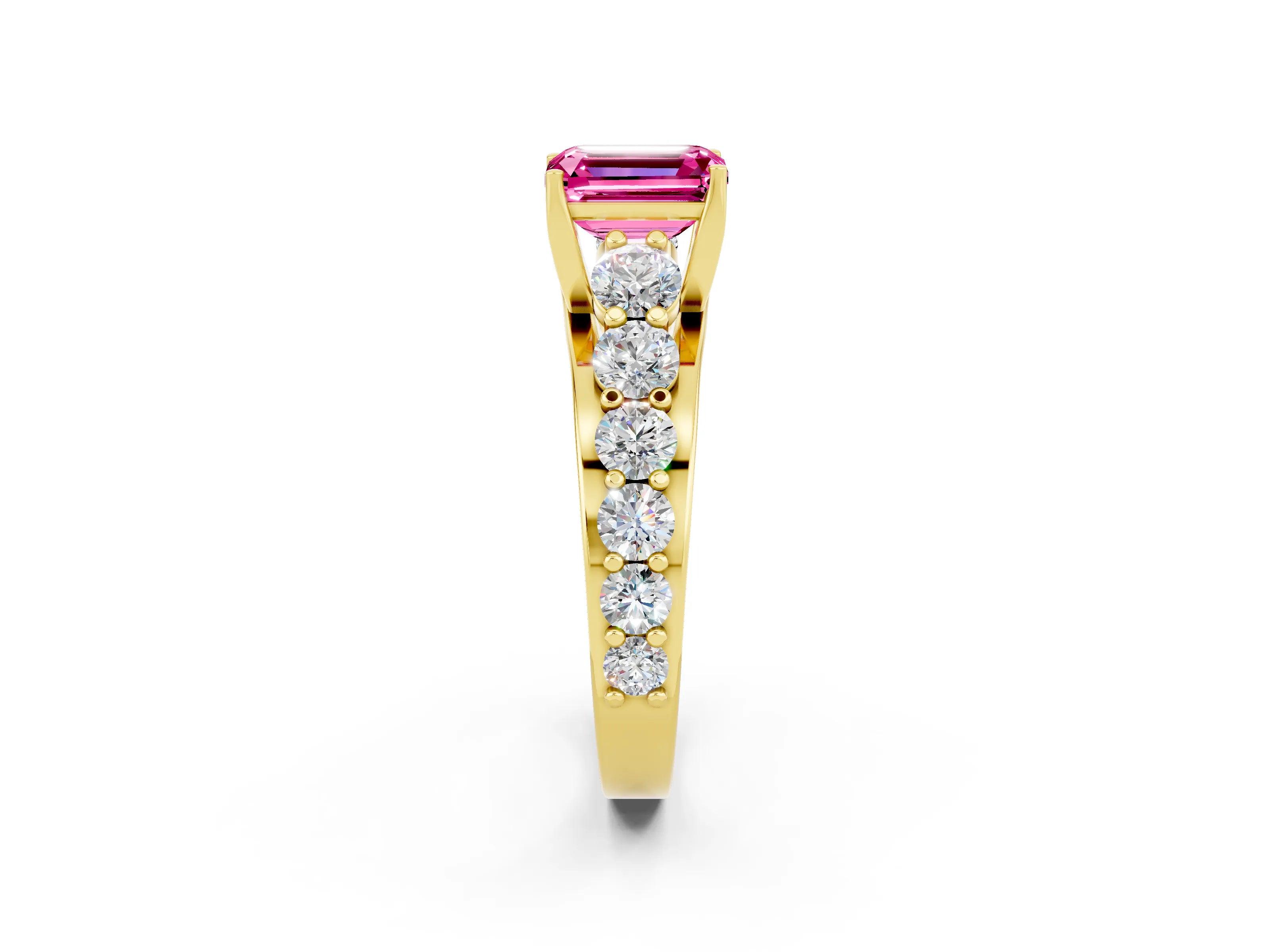 Yellow gold Emerald Cut Pink Sapphire Engagement Ring with Pavé Band and Four-Prong Setting_2