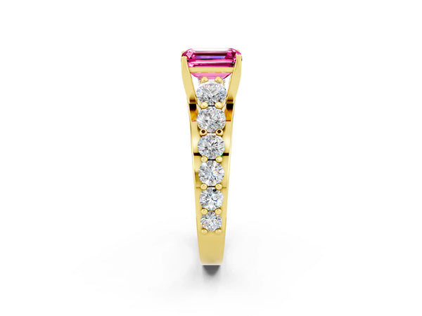 Yellow gold Emerald Cut Pink Sapphire Engagement Ring with Pavé Band and Four-Prong Setting