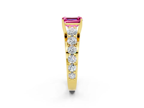 Yellow gold Emerald Cut Pink Sapphire Engagement Ring with Pavé Band and Four-Prong Setting_2