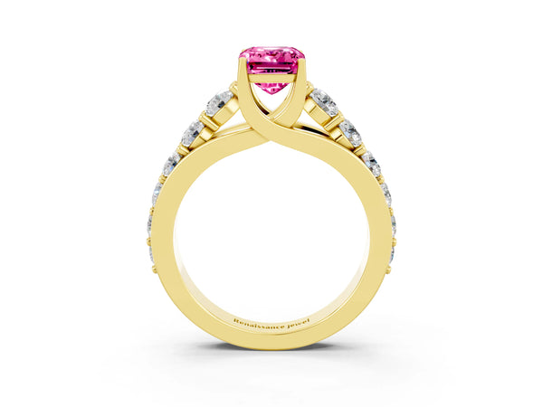 Yellow gold Emerald Cut Pink Sapphire Engagement Ring with Pavé Band and Four-Prong Setting