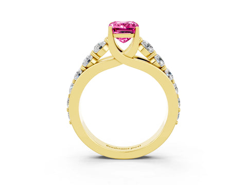 Yellow gold Emerald Cut Pink Sapphire Engagement Ring with Pavé Band and Four-Prong Setting_3