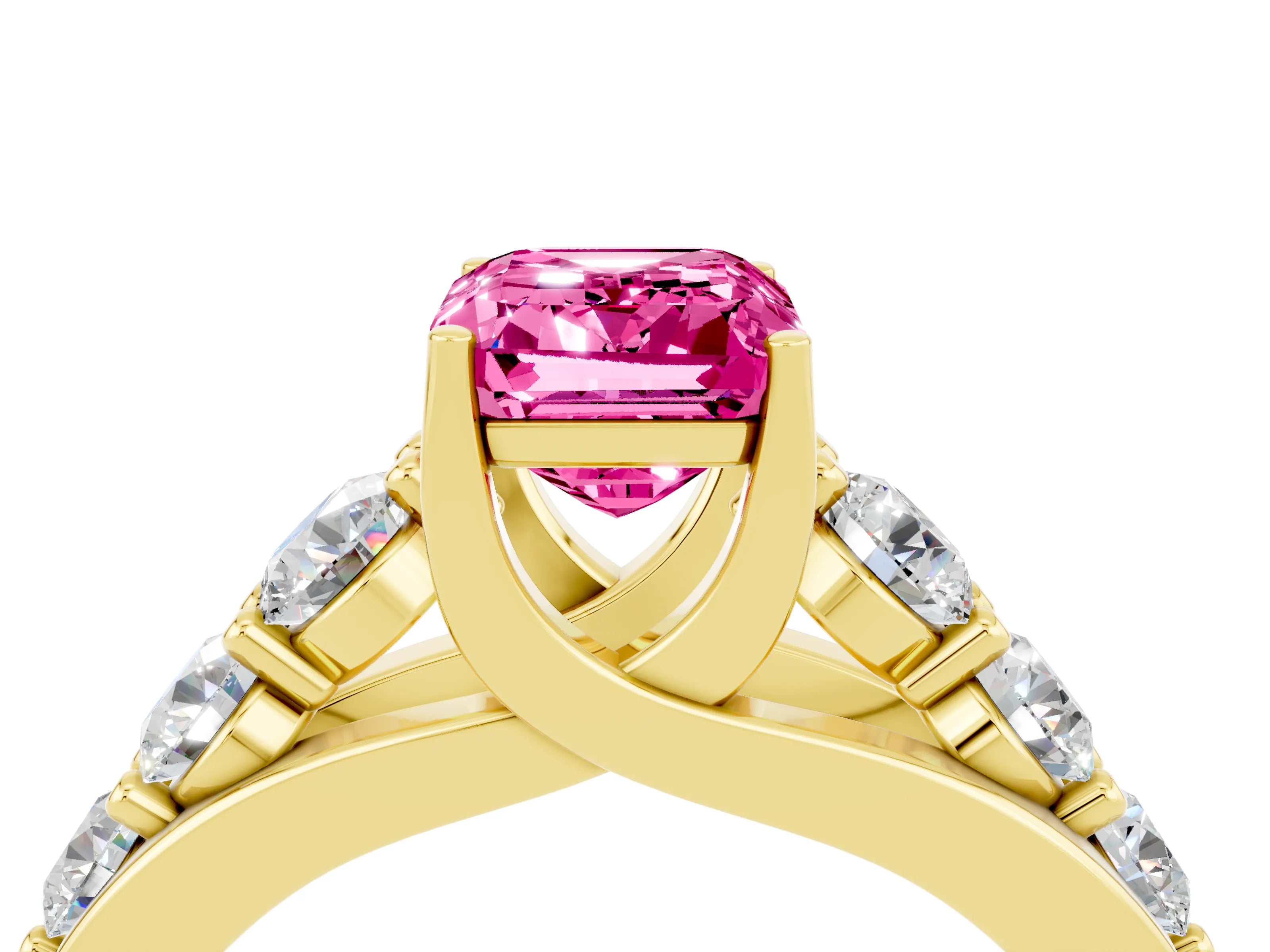Yellow gold Emerald Cut Pink Sapphire Engagement Ring with Pavé Band and Four-Prong Setting_4