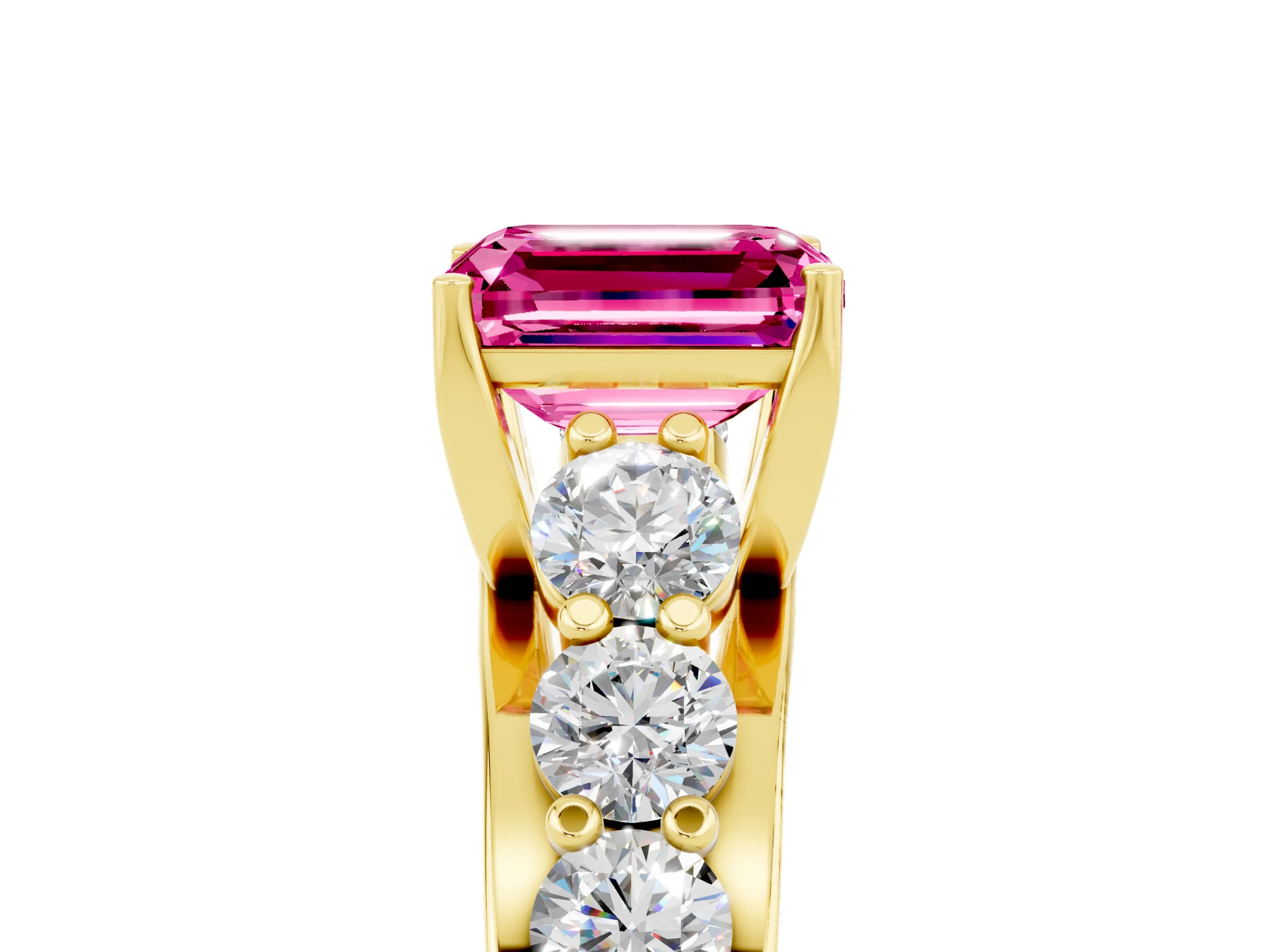 Yellow gold Emerald Cut Pink Sapphire Engagement Ring with Pavé Band and Four-Prong Setting_5
