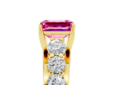 Yellow gold Emerald Cut Pink Sapphire Engagement Ring with Pavé Band and Four-Prong Setting_5