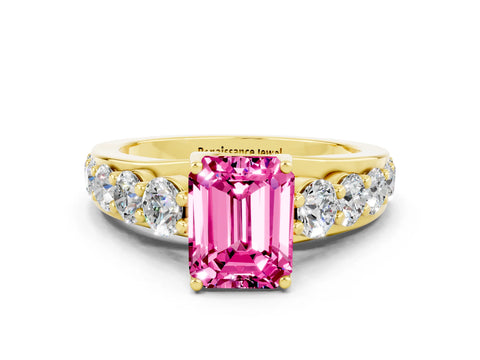 Yellow gold Emerald Cut Pink Sapphire Engagement Ring with Pavé Band and Four-Prong Setting