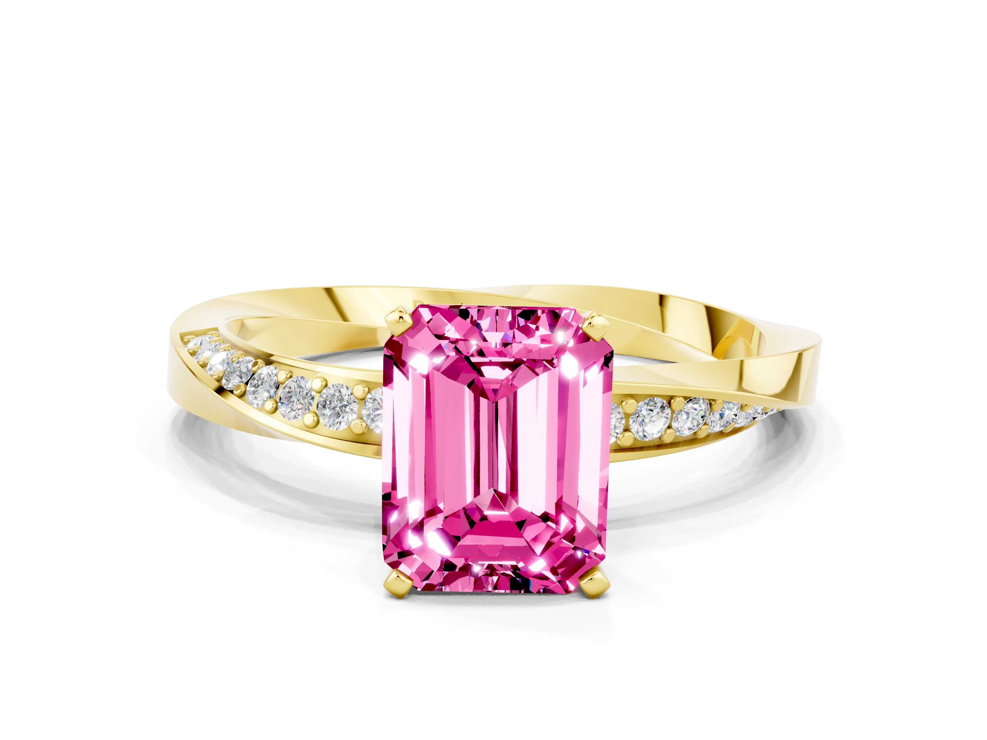 Yellow gold Emerald Cut Pink Sapphire Engagement Ring with Side Stone Accents and Four-Prong Setting_51