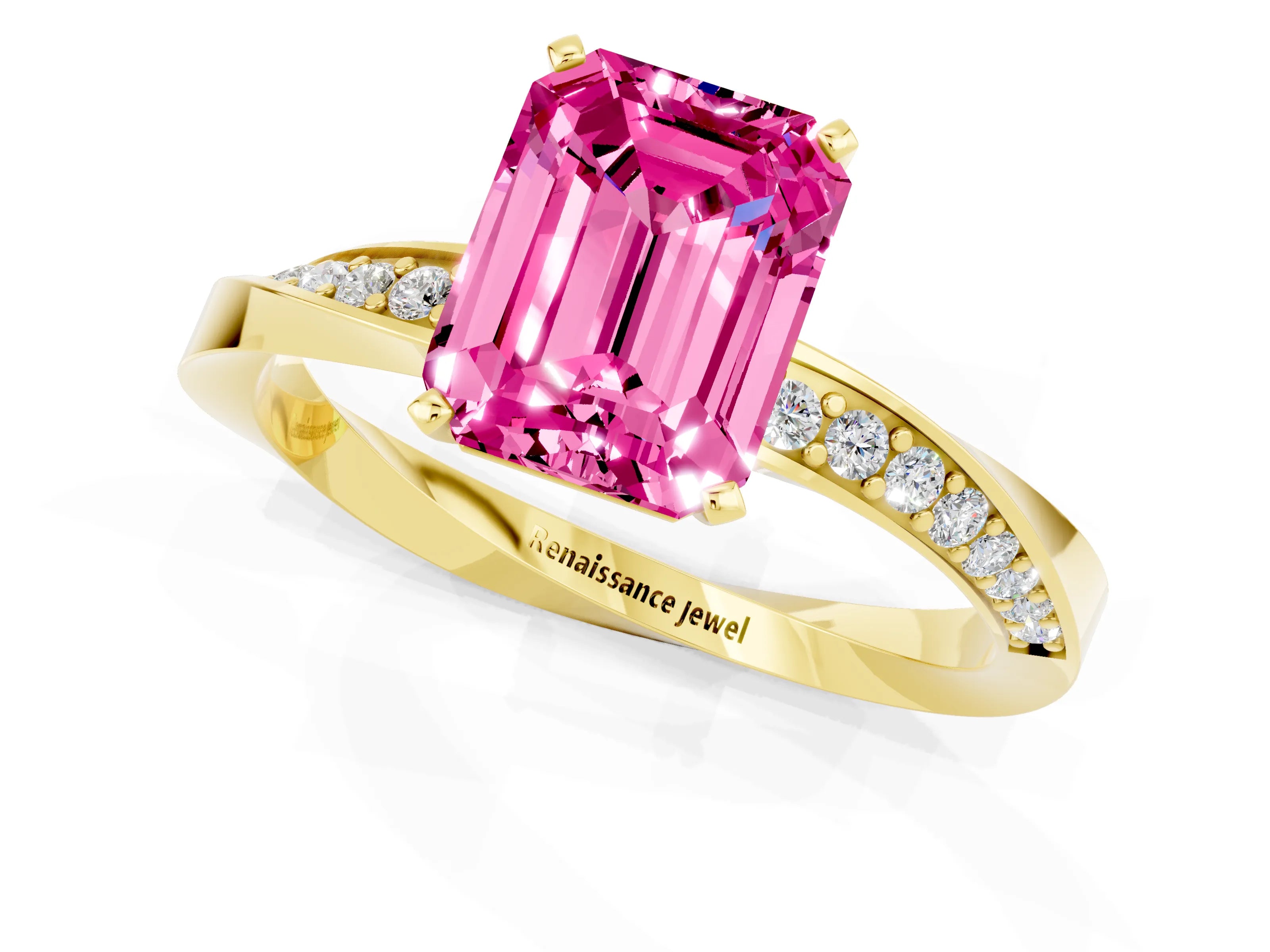 Yellow gold Emerald Cut Pink Sapphire Engagement Ring with Side Stone Accents and Four-Prong Setting_52