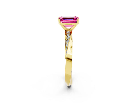 Yellow gold Emerald Cut Pink Sapphire Engagement Ring with Side Stone Accents and Four-Prong Setting_53