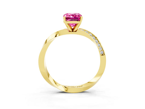 Yellow gold Emerald Cut Pink Sapphire Engagement Ring with Side Stone Accents and Four-Prong Setting_54