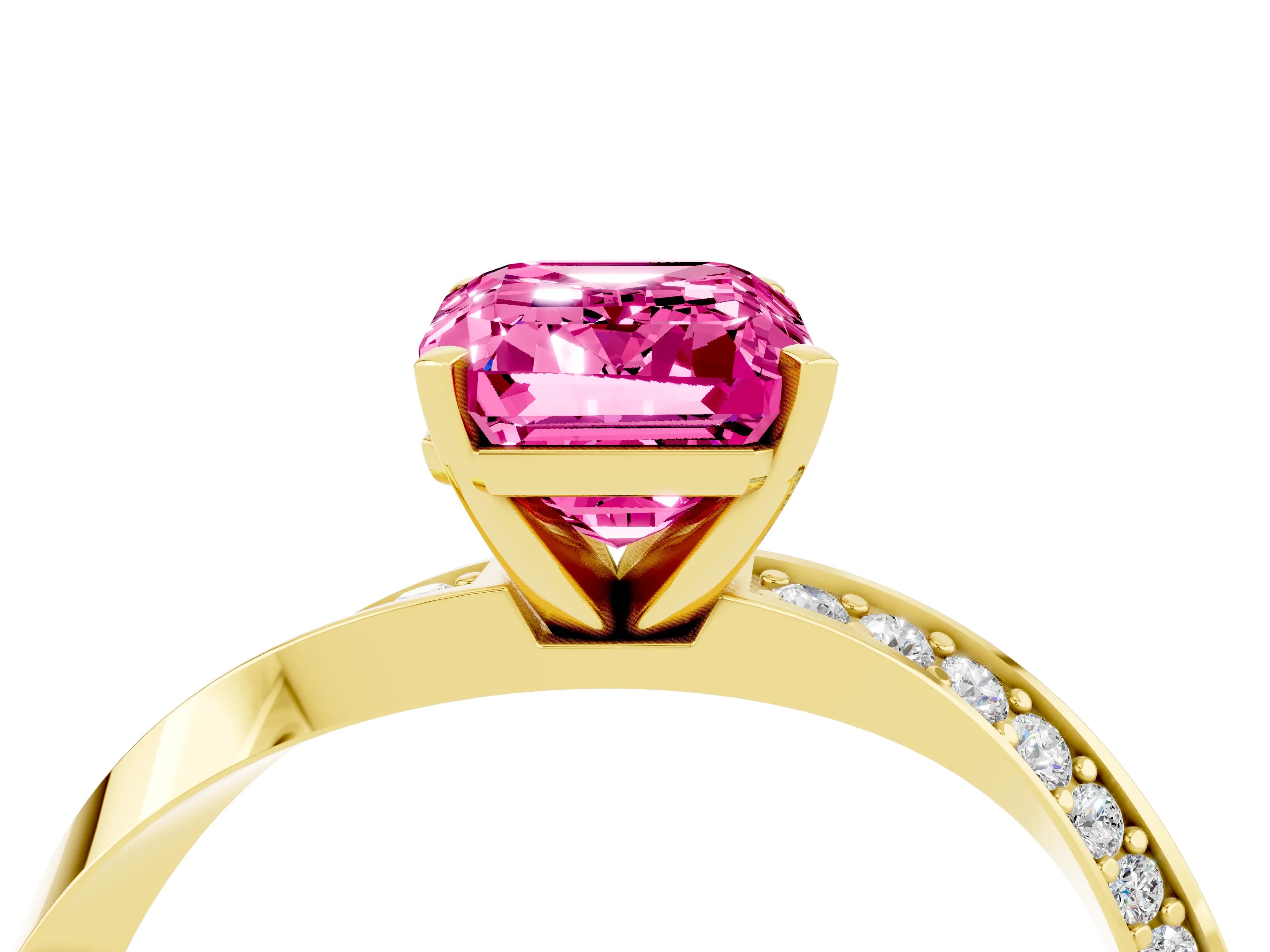 Yellow gold Emerald Cut Pink Sapphire Engagement Ring with Side Stone Accents and Four-Prong Setting_55