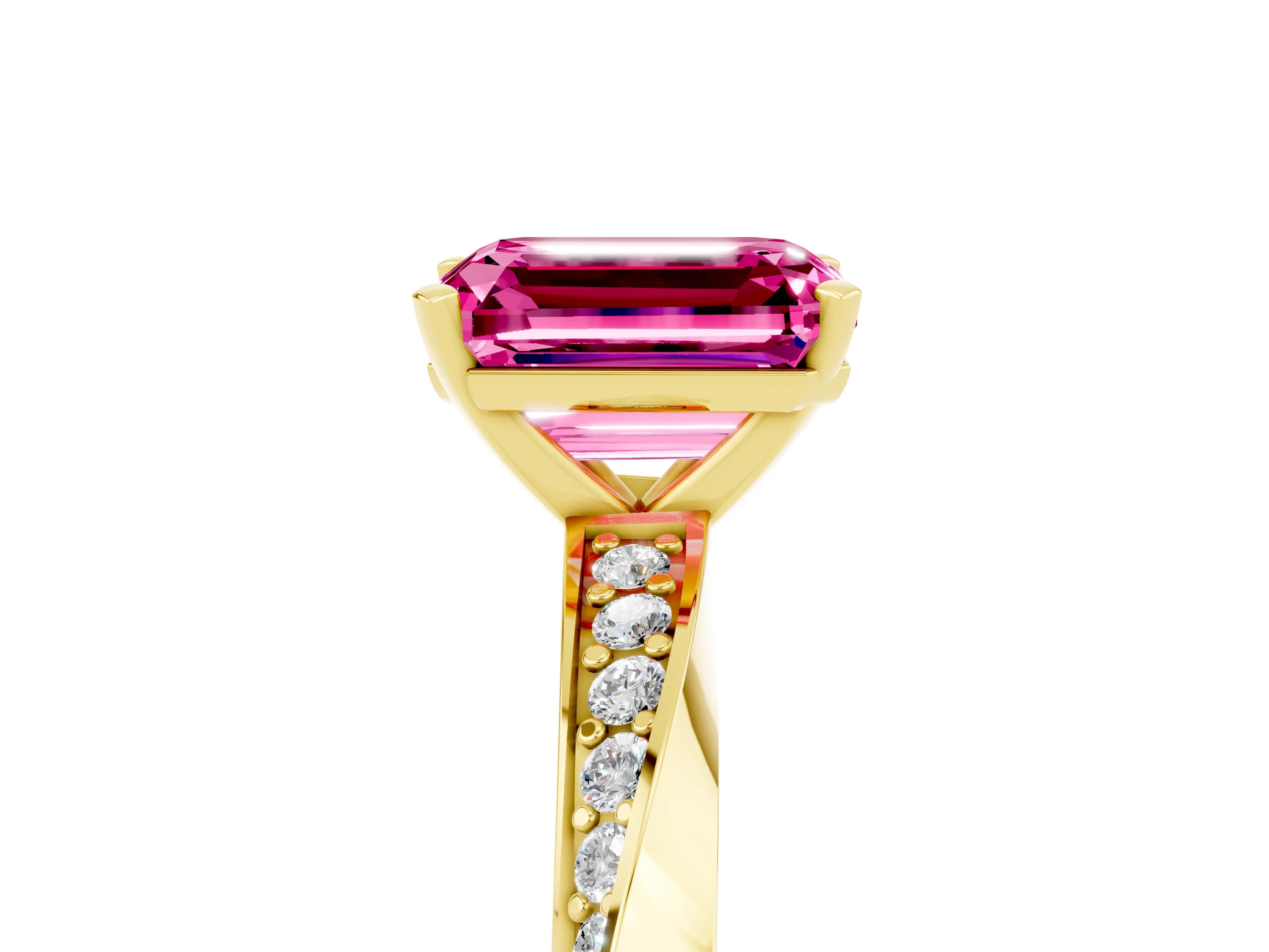 Yellow gold Emerald Cut Pink Sapphire Engagement Ring with Side Stone Accents and Four-Prong Setting_56